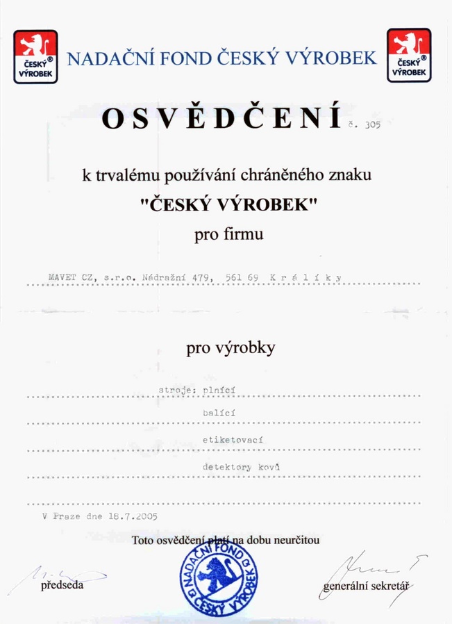 Certifikace Český výrobek